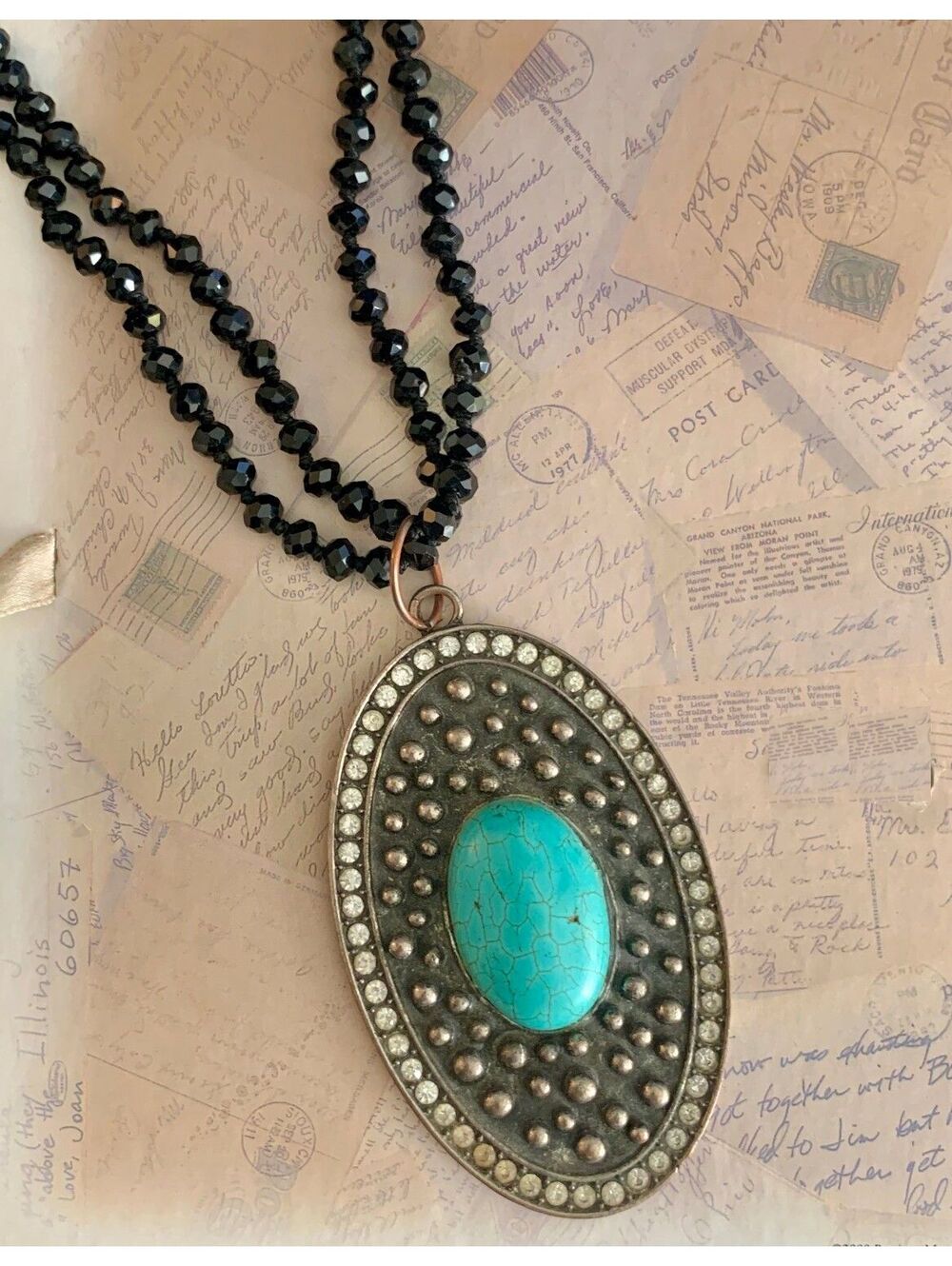 Vintage Black Crystal Turquoise Southwestern Gothic Glamour Pendant Necklace
